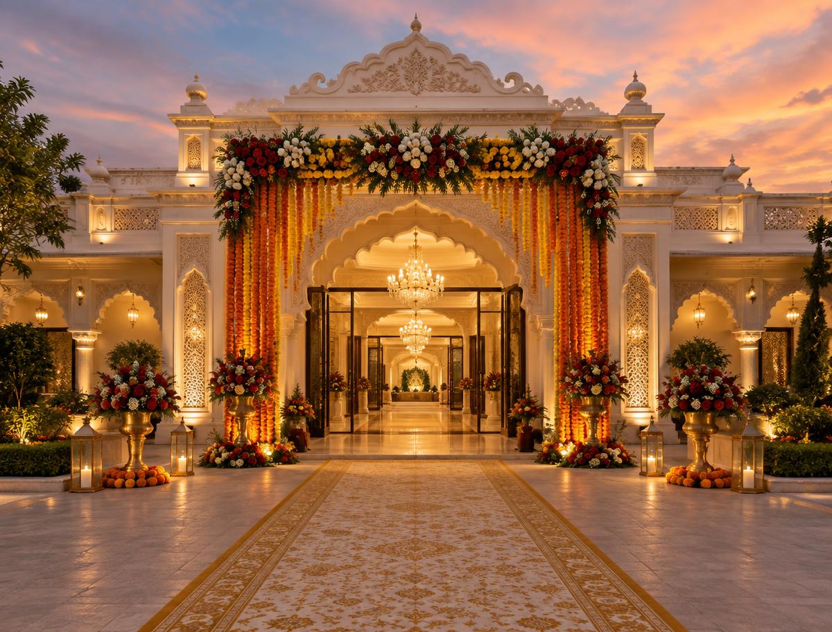 Festively decorated venue entrance at dusk (representative image)
