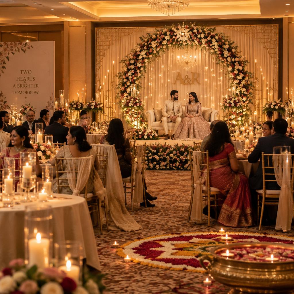 Engagement ceremony stage with floral arch