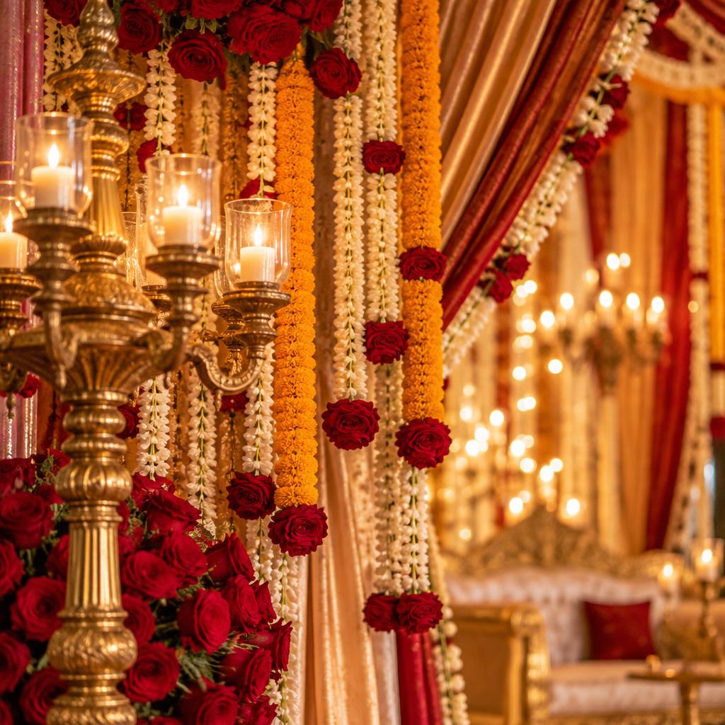 Marigold garlands and candlelight stage decor
