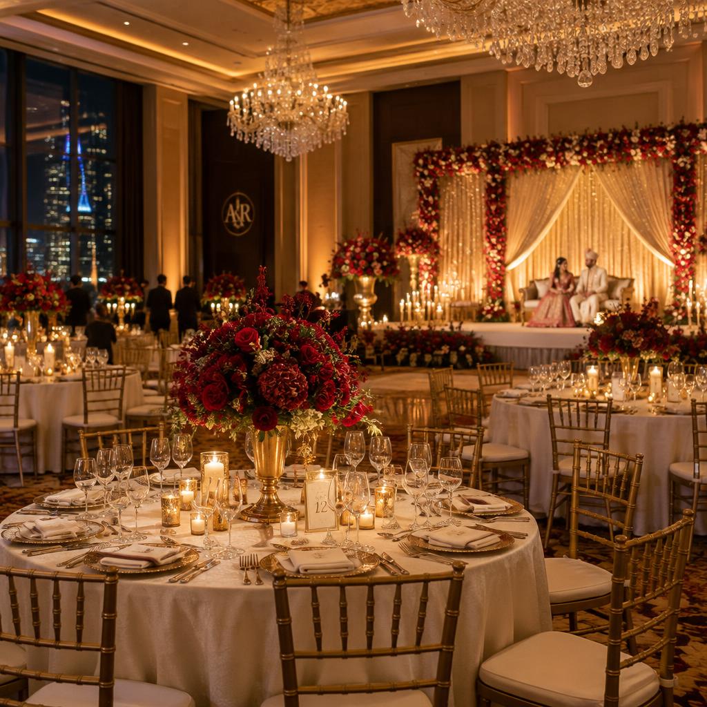 Reception tables with gold chairs and red roses