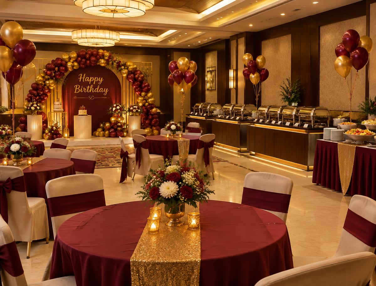 Hall C styled for a celebration (representative image)